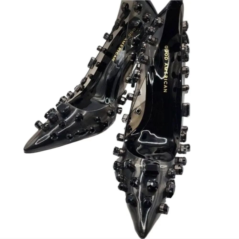 Good American Diamond Forever Heels Rhinestone Black Pumps FLAWED Size 5